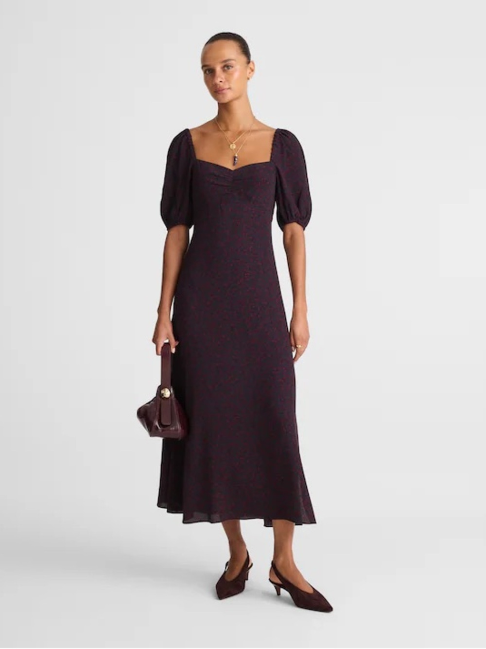 Madewell PuffSleeve Sweetheart Midi Dress Navy Burgundy smocked cottage milkmaid